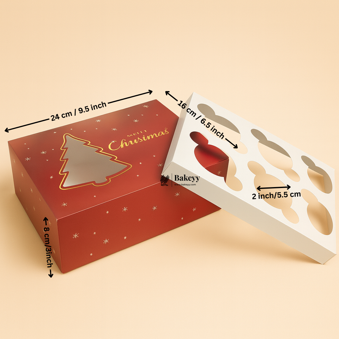 Christmas Cupcake Box with Window | Red Christmas Tree Design | Festive Cupcake Box | Pack of 25