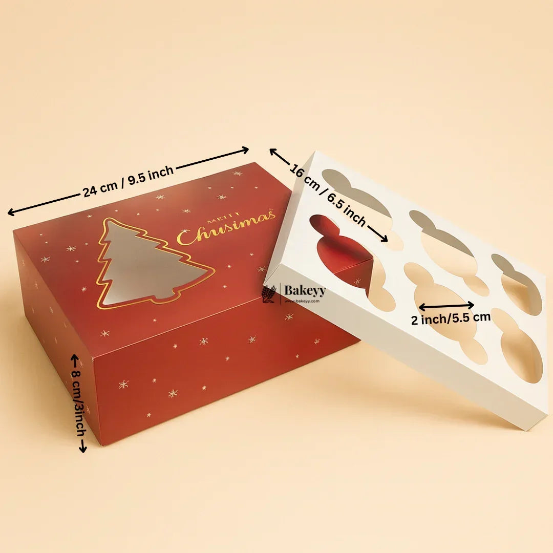 Christmas Cupcake Box with Window | Red Christmas Tree Design | Festive Cupcake Box | Pack of 25 - Bakeyy.com - India - Christmas Cupcake Box with Window | Red Christmas Tree Design | Festive Cupcake Box | Pack of 25 - 6 Cupcake / Without Handle 600.00