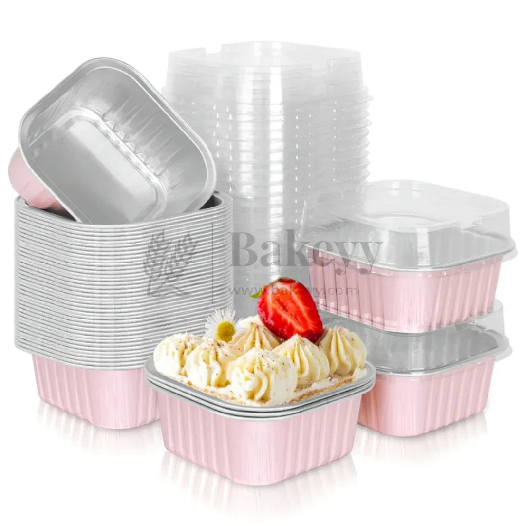 Aluminum Foil Baking Containers with Transparent Lid | Square Tins | Bake N Serve | Pack of 100