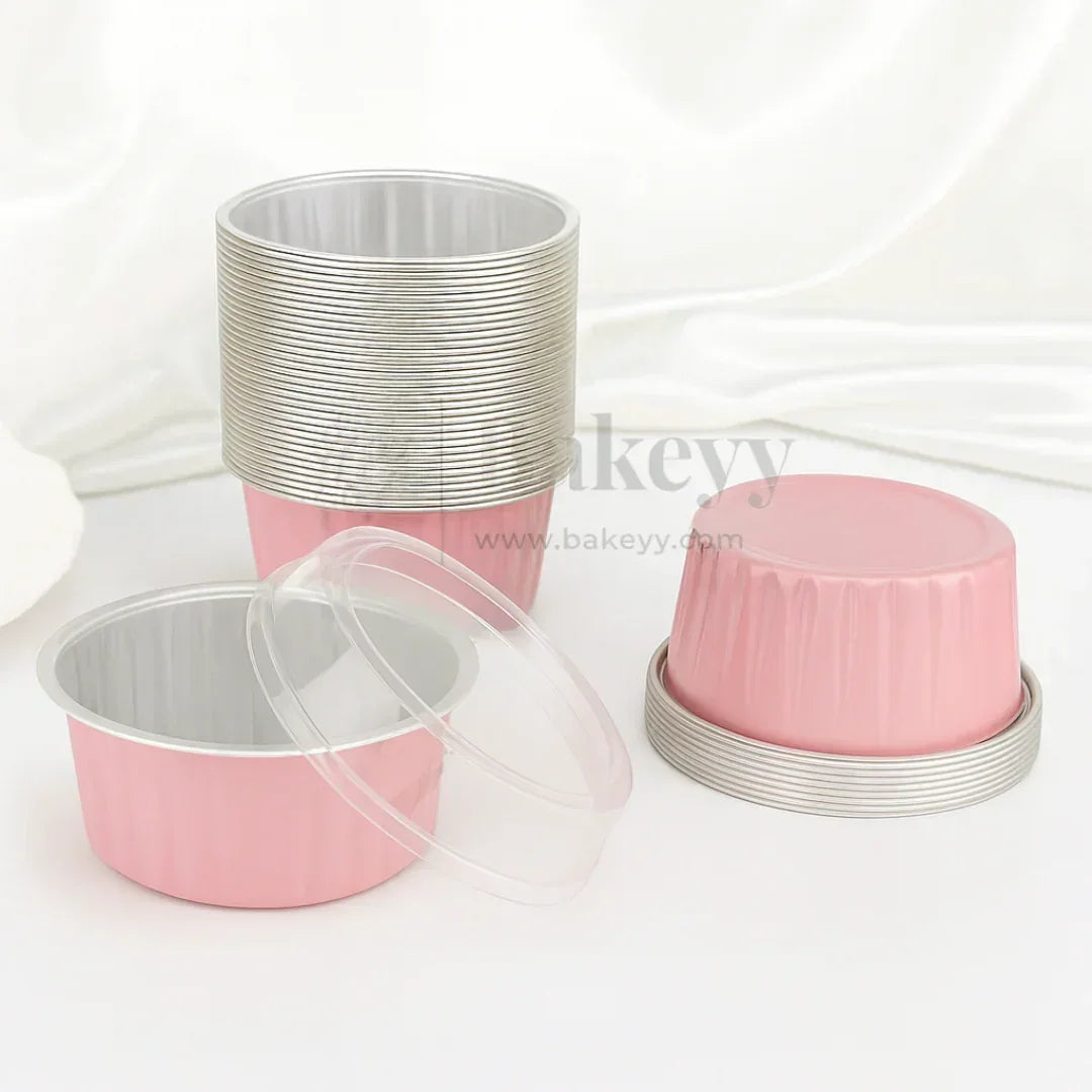 Aluminum Foil Baking Containers with Transparent Lid | Round Tins | Bake N Serve | Pack of 100 - Bakeyy.com - India - Aluminum Foil Baking Containers with Transparent Lid | Round Tins | Bake N Serve | Pack of 100 - Light Pink / 125 ml 1200.00