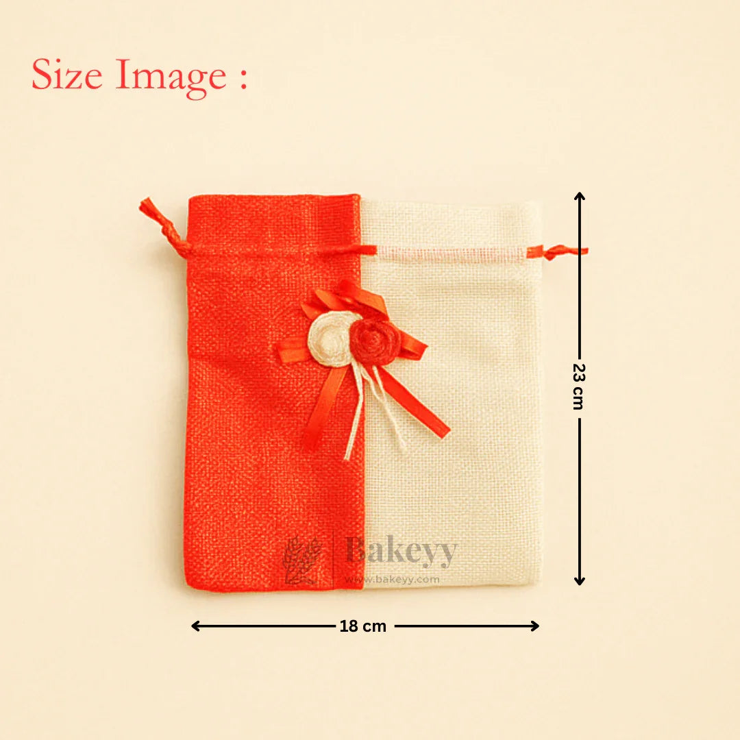 Bakeyy gift packaging pouch, red and cream, 18x23 cm with ribbon flower decor, wholesale supplies