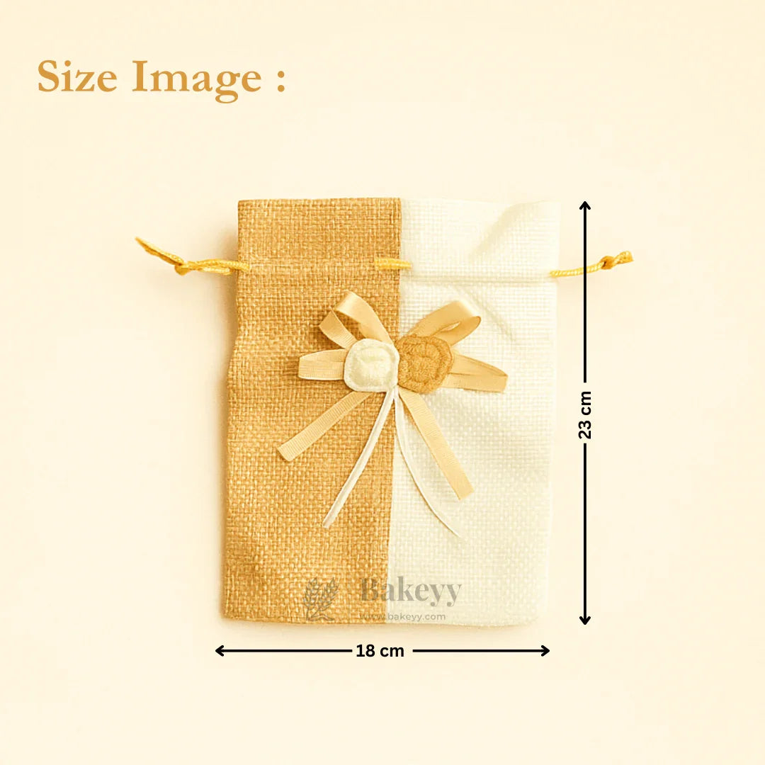 Bakeyy two-tone jute gift bag with ribbon flower, 18x23 cm, ideal for hamper packaging
