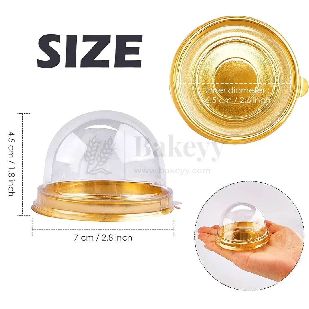 Clear dome cupcake container with gold base, size details, ideal for Bakeyy baking supplies.
