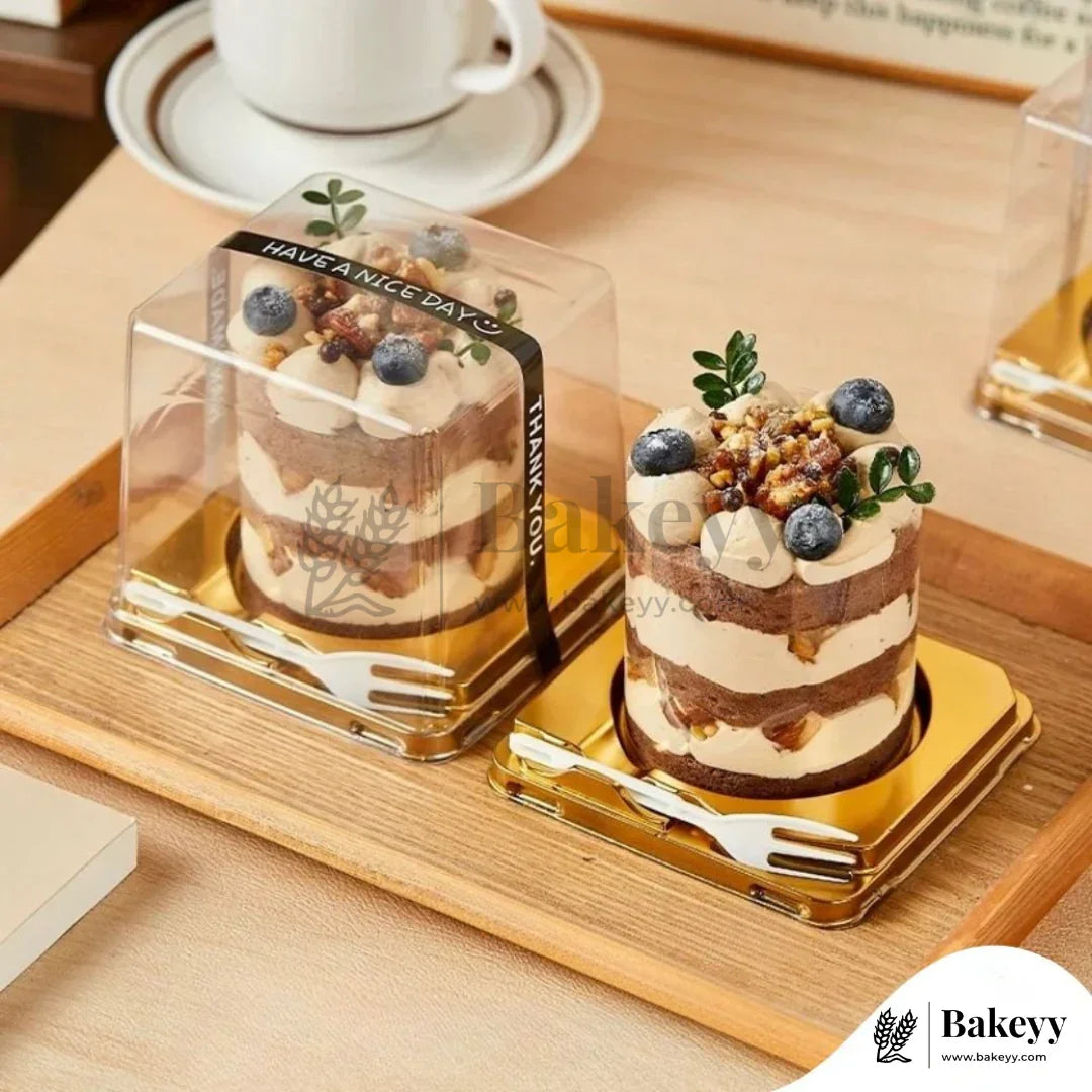 Square Mini Cake Box with Dome Lid & Fork | Clear Lid with Gold Base | Pack of 50 - Bakeyy.com - India - Square Mini Cake Box with Dome Lid & Fork | Clear Lid with Gold Base | Pack of 50 - Default Title 1200.00