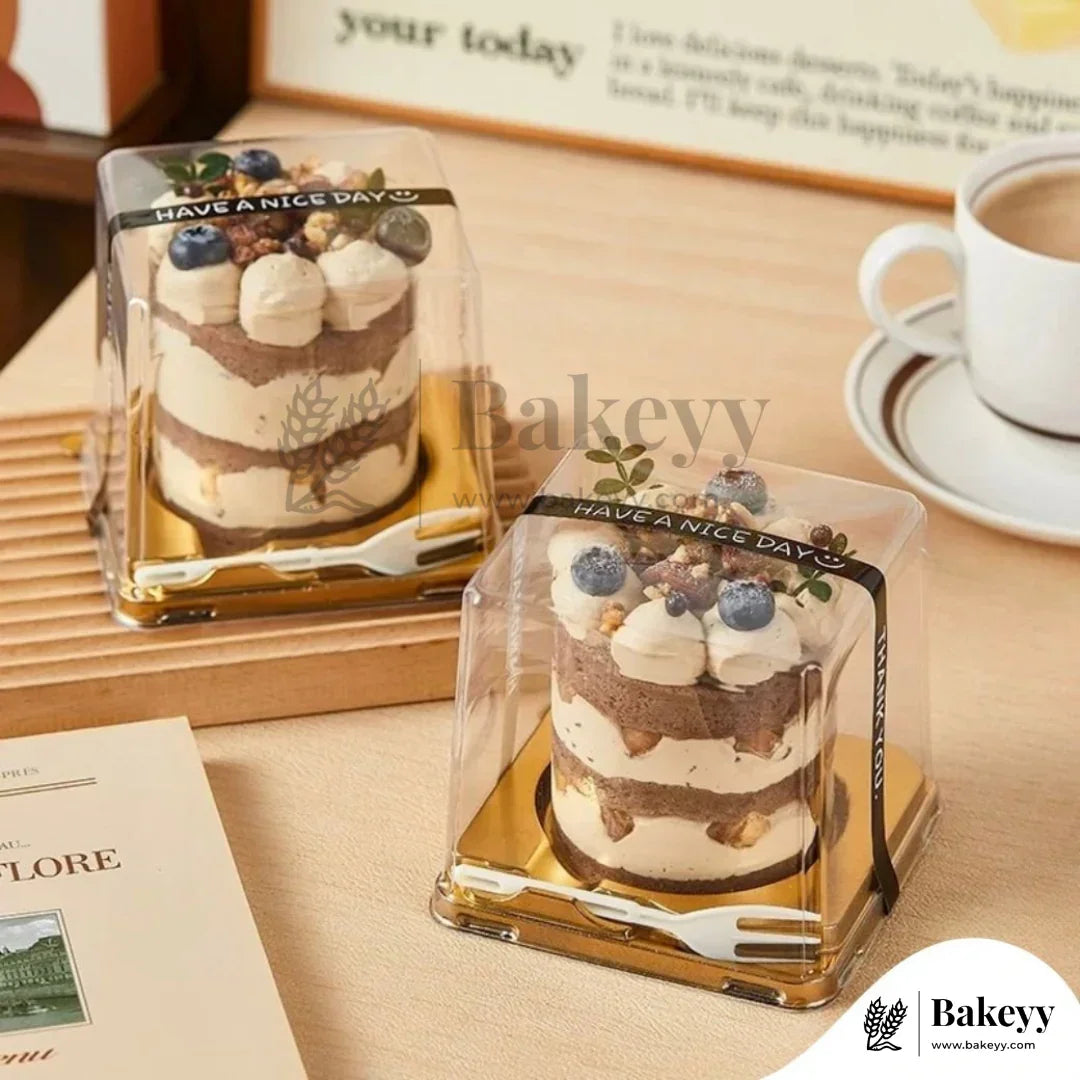 Square Mini Cake Box with Dome Lid & Fork | Clear Lid with Gold Base | Pack of 50 - Bakeyy.com - India - Square Mini Cake Box with Dome Lid & Fork | Clear Lid with Gold Base | Pack of 50 - Default Title 1200.00