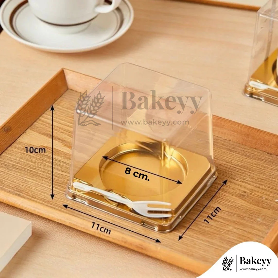 Square Mini Cake Box with Dome Lid & Fork | Clear Lid with Gold Base | Pack of 50 - Bakeyy.com - India - Square Mini Cake Box with Dome Lid & Fork | Clear Lid with Gold Base | Pack of 50 - Default Title 1200.00