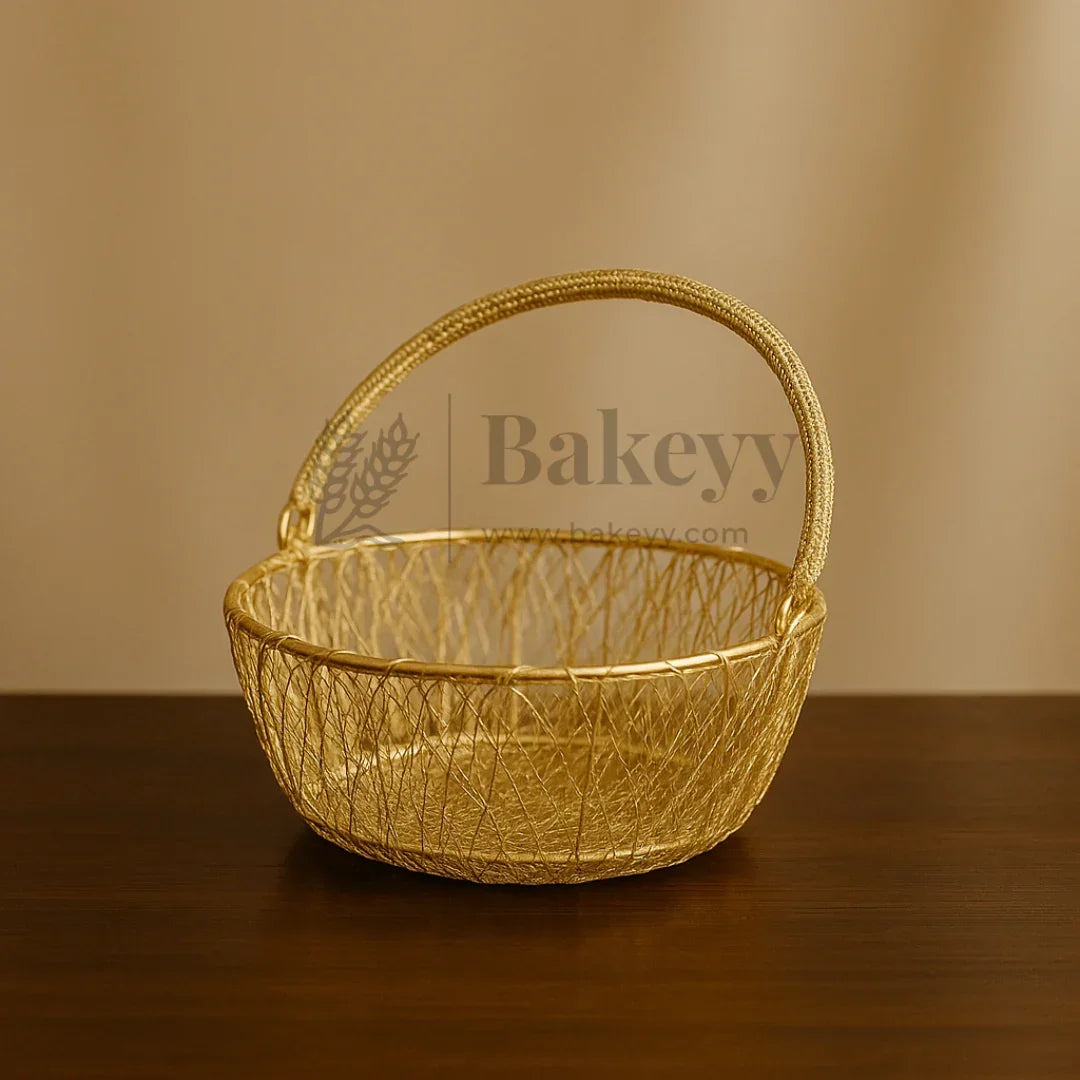 Gold wire hamper basket with handle on tabletop, gift packaging by Bakeyy.com