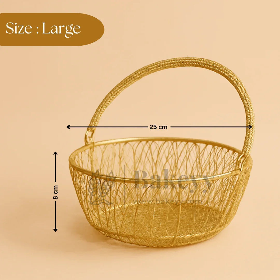 Large gold hamper basket with handle, 25cm wide and 8cm tall, for baking or gift packaging from Bakeyy.com