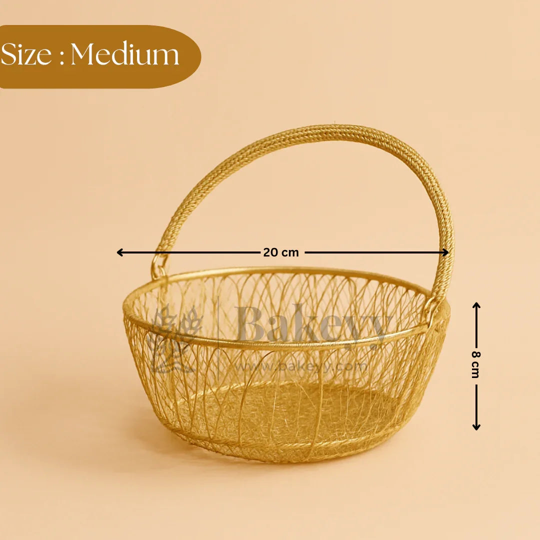 Medium gold wire hamper basket with handle, 20cm wide, 8cm tall, for gifting or baking supplies from Bakeyy.com.