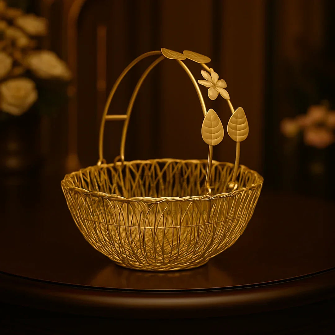 Elegant golden wire gift basket with floral handle, ideal for hampers at Bakeyy.com