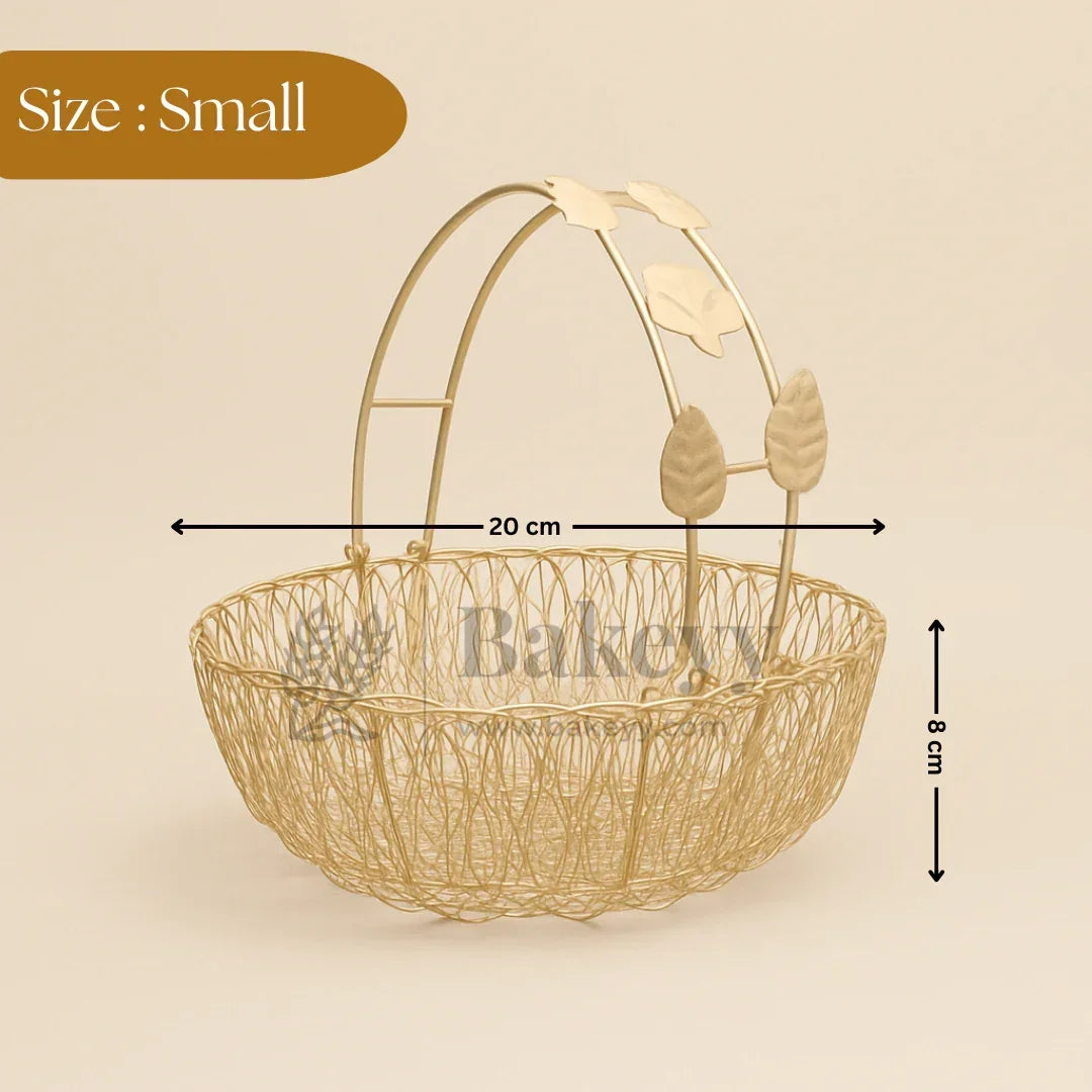 Small gold wire basket with leaf handle, 20 cm wide, 8 cm tall, for baking supplies at Bakeyy.com