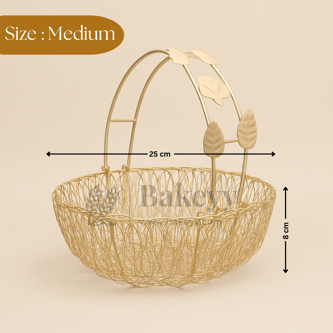 Bucket Shape Round Gold Metal Basket with Flower Handle | Gifting and Decorative Purpose | 1 Piece