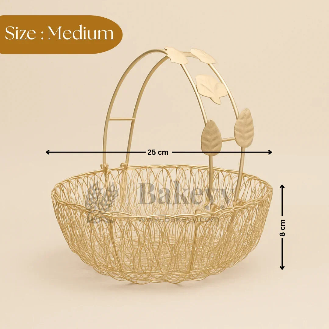 Medium gold wire basket with handle and leaf accents, 25cm x 8cm, Bakeyy hamper packaging