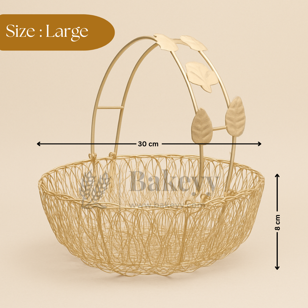 Bucket Shape Round Gold Metal Basket with Flower Handle | Gifting and Decorative Purpose | 1 Piece