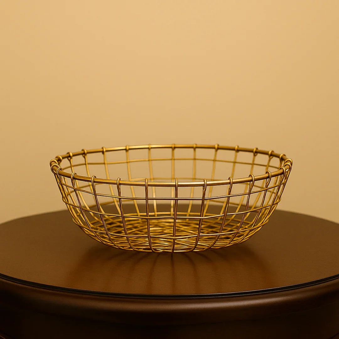 Gold wire basket for hamper making, perfect for bakery gift packaging from Bakeyy.com