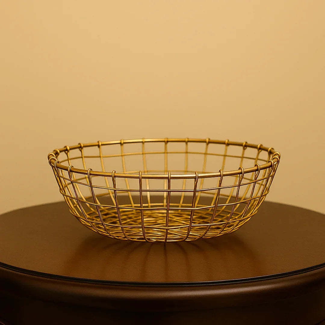 Gold wire basket for hamper making, perfect for bakery gift packaging from Bakeyy.com
