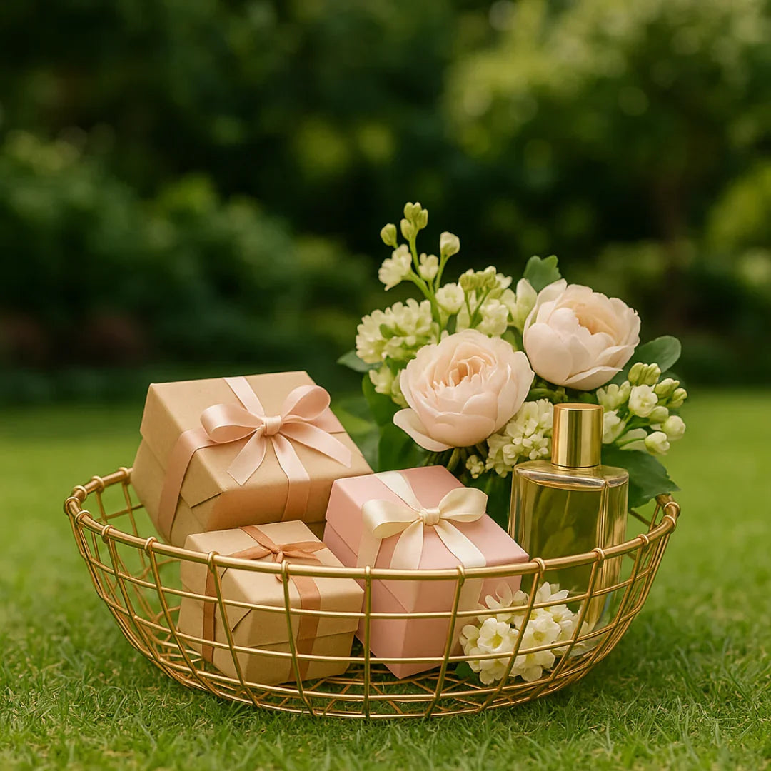 Gift hamper basket with pastel gift boxes, flowers, and a bottle, perfect for festive packaging.