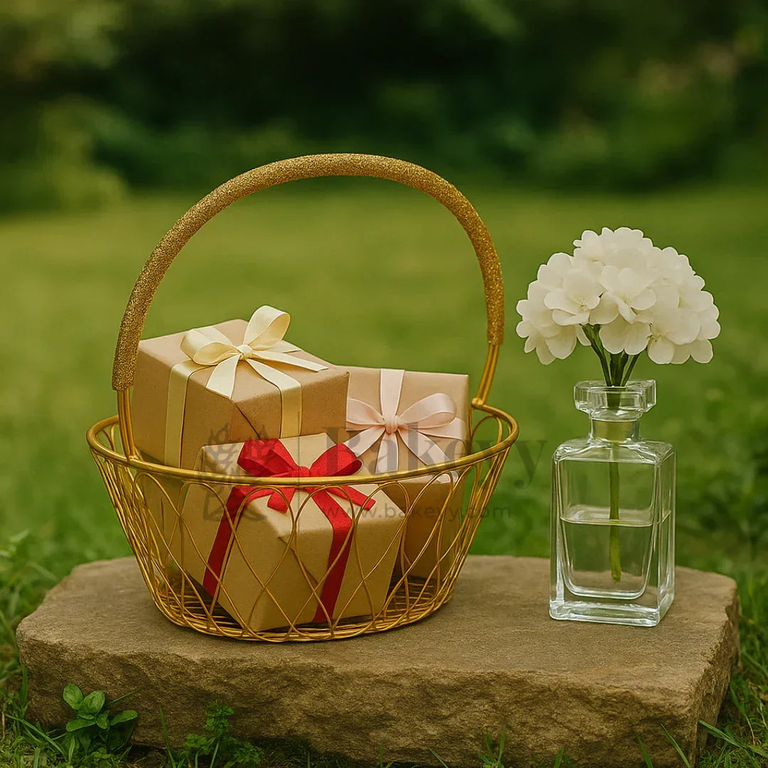 Oval Metal Hamper Basket | Gifting and Decorative Purpose | 1 Piece - Bakeyy.com - India - Oval Metal Hamper Basket | Gifting and Decorative Purpose | 1 Piece - Small 120.00