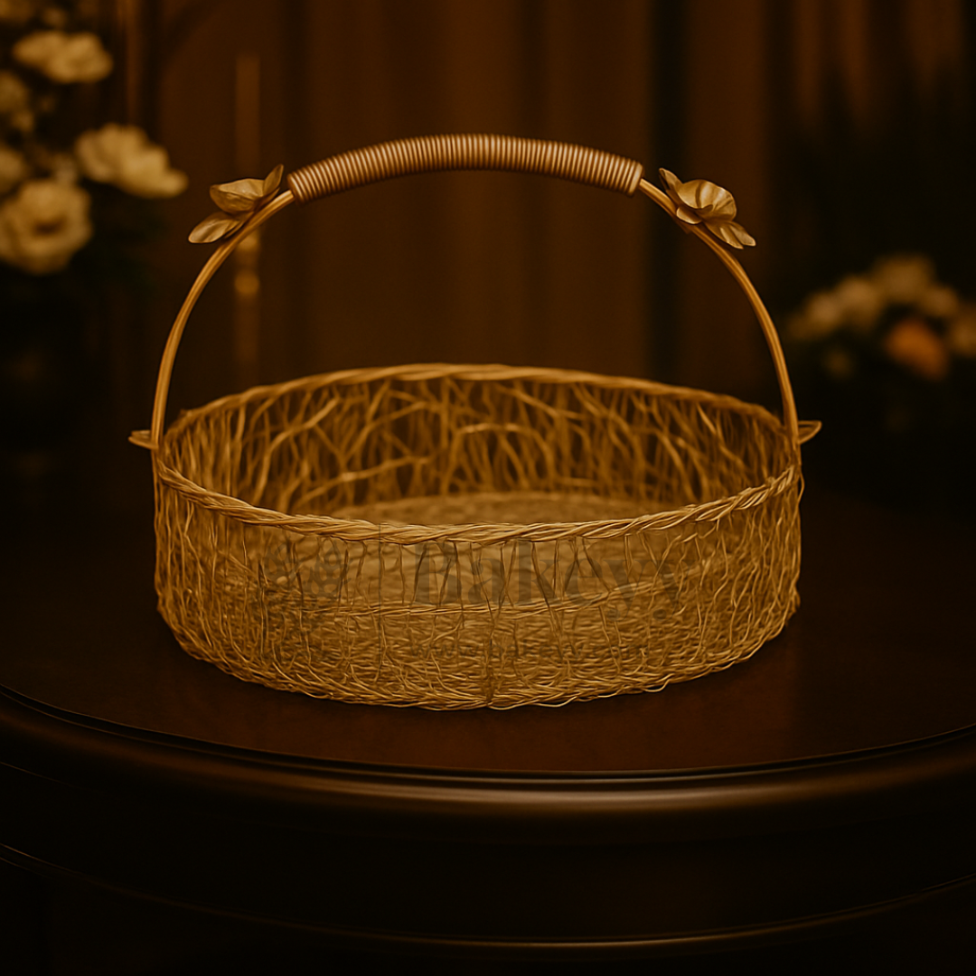 Round Golden Floral Flat-Base Wire Basket | Gifting and Decorative Purpose | 1 Piece