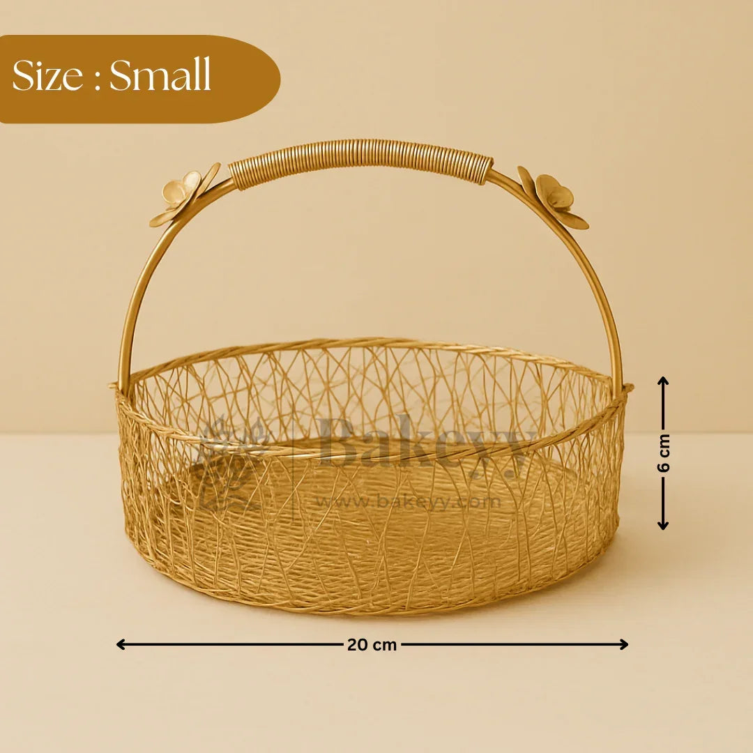 Small gold wire hamper basket with floral handle, 20x6 cm, for baking and gift packaging at Bakeyy