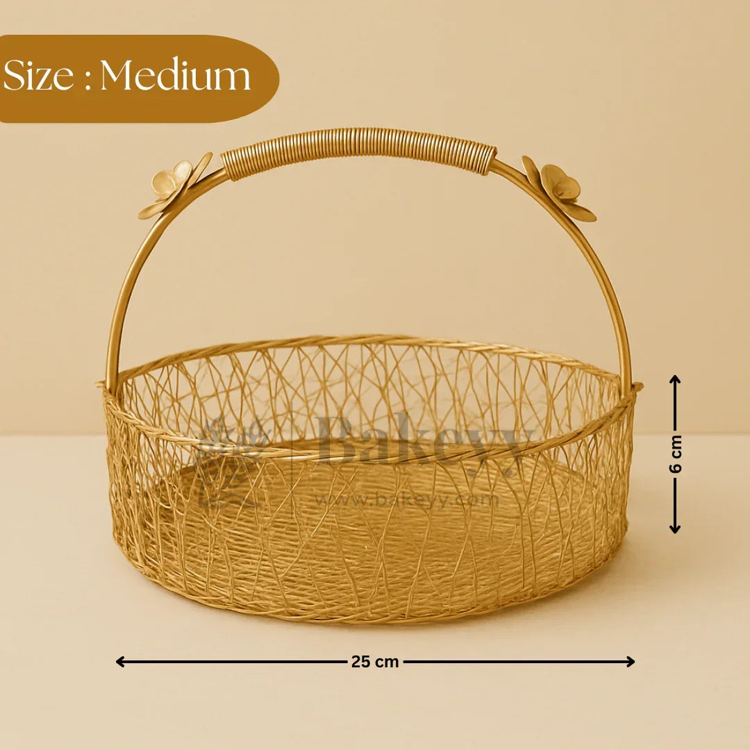 Medium gold wire hamper basket with floral handle, 25cm x 6cm, for Bakeyy gift packaging.