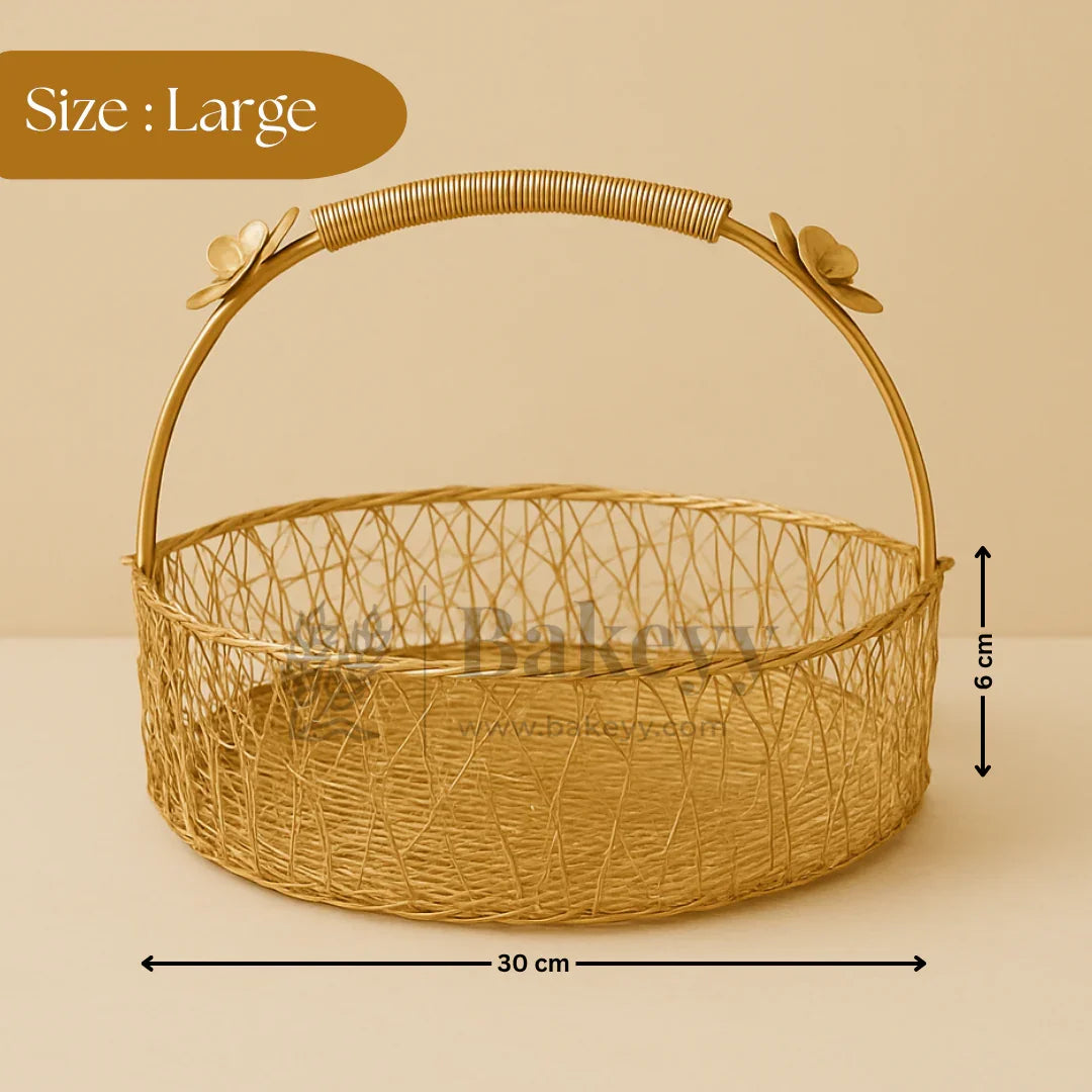 Large gold decorative hamper basket with flower accents, 30cm x 6cm, ideal for bakery gifts from Bakeyy.com