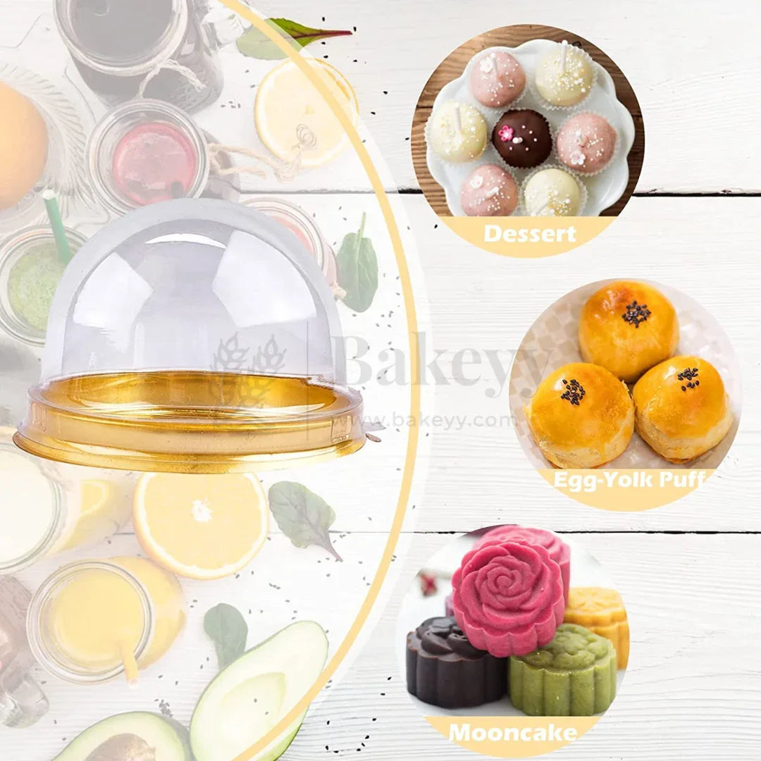 Clear dome cupcake container with gold base for desserts, mooncakes, and egg-yolk puffs, Bakeyy baking supplies.
