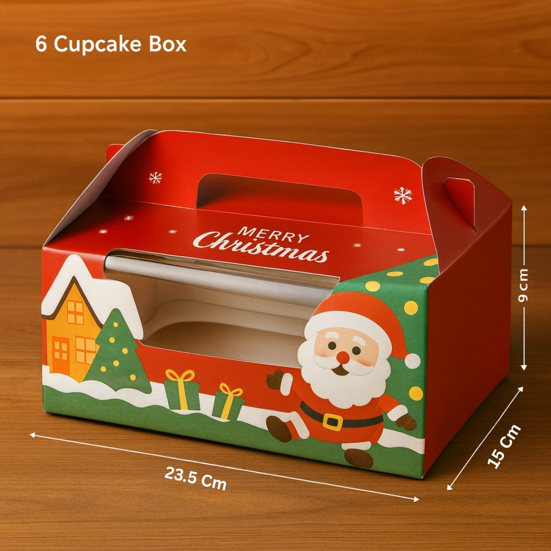 Christmas Print Cupcake Boxes with Handle | Pack of 50