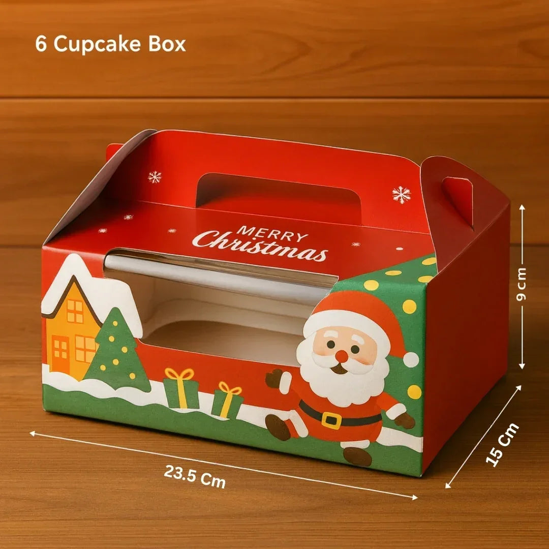 Christmas Print Cupcake Boxes with Handle | Pack of 50 - Bakeyy.com - India - Christmas Print Cupcake Boxes with Handle | Pack of 50 - 6 Cupcake 1900.00