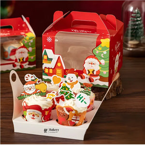 Christmas Print Cupcake Boxes with Handle | Pack of 50 - Bakeyy.com - India - Christmas Print Cupcake Boxes with Handle | Pack of 50 - 4 Cupcake 1600.00