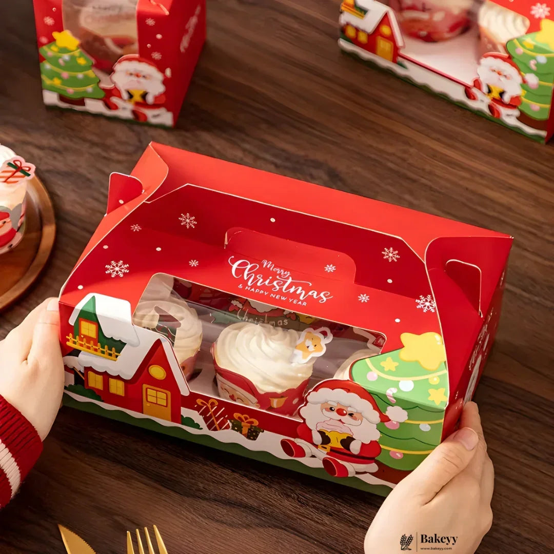 Christmas Print Cupcake Boxes with Handle | Pack of 50 - Bakeyy.com - India - Christmas Print Cupcake Boxes with Handle | Pack of 50 - 4 Cupcake 1600.00