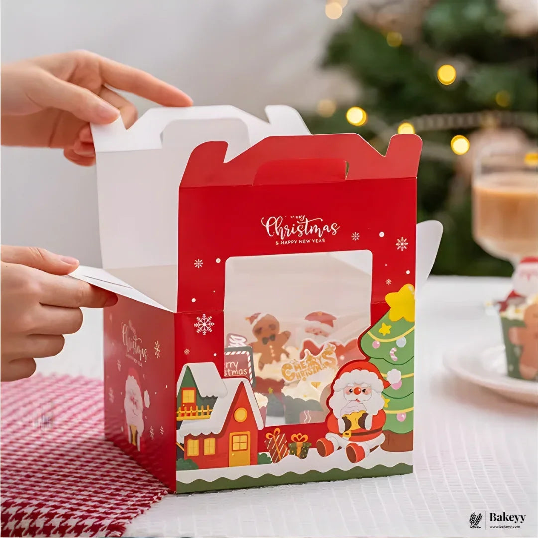 Christmas Print Cupcake Boxes with Handle | Pack of 50 - Bakeyy.com - India - Christmas Print Cupcake Boxes with Handle | Pack of 50 - 4 Cupcake 1600.00