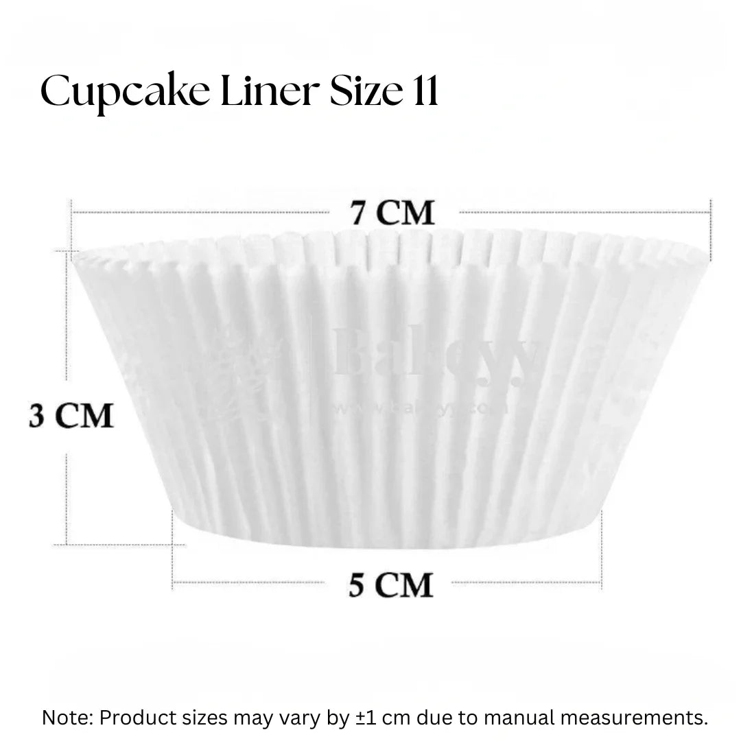 Bakeyy white cupcake liner size 11 with dimensions, ideal for baking supplies in India