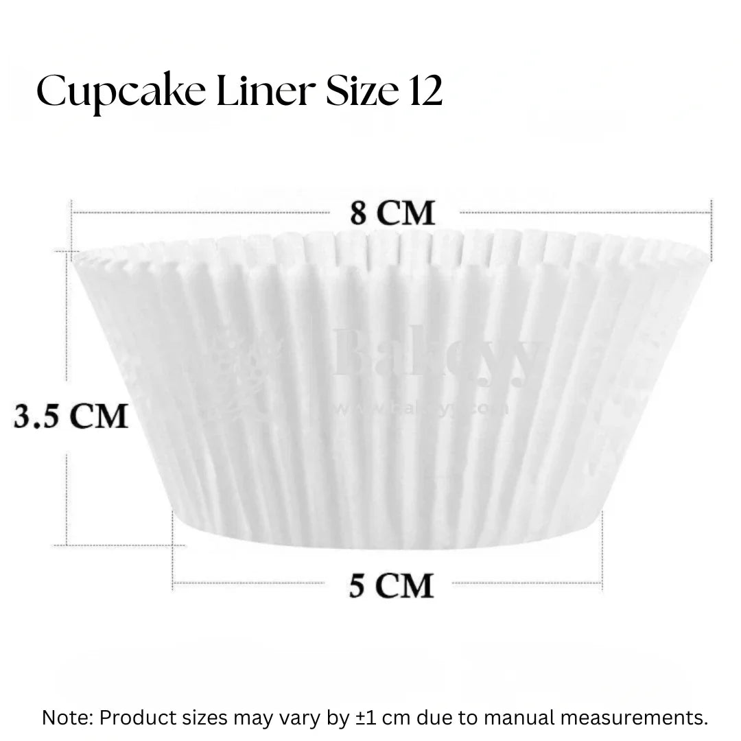 Size 12 white cupcake liner with 8 cm top, 5 cm base, 3.5 cm height from Bakeyy.com