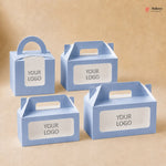 Four blue cardboard boxes with handle and customizable 'YOUR LOGO' label on a beige background.