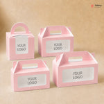 Four pink paper boxes with white labels on a beige background