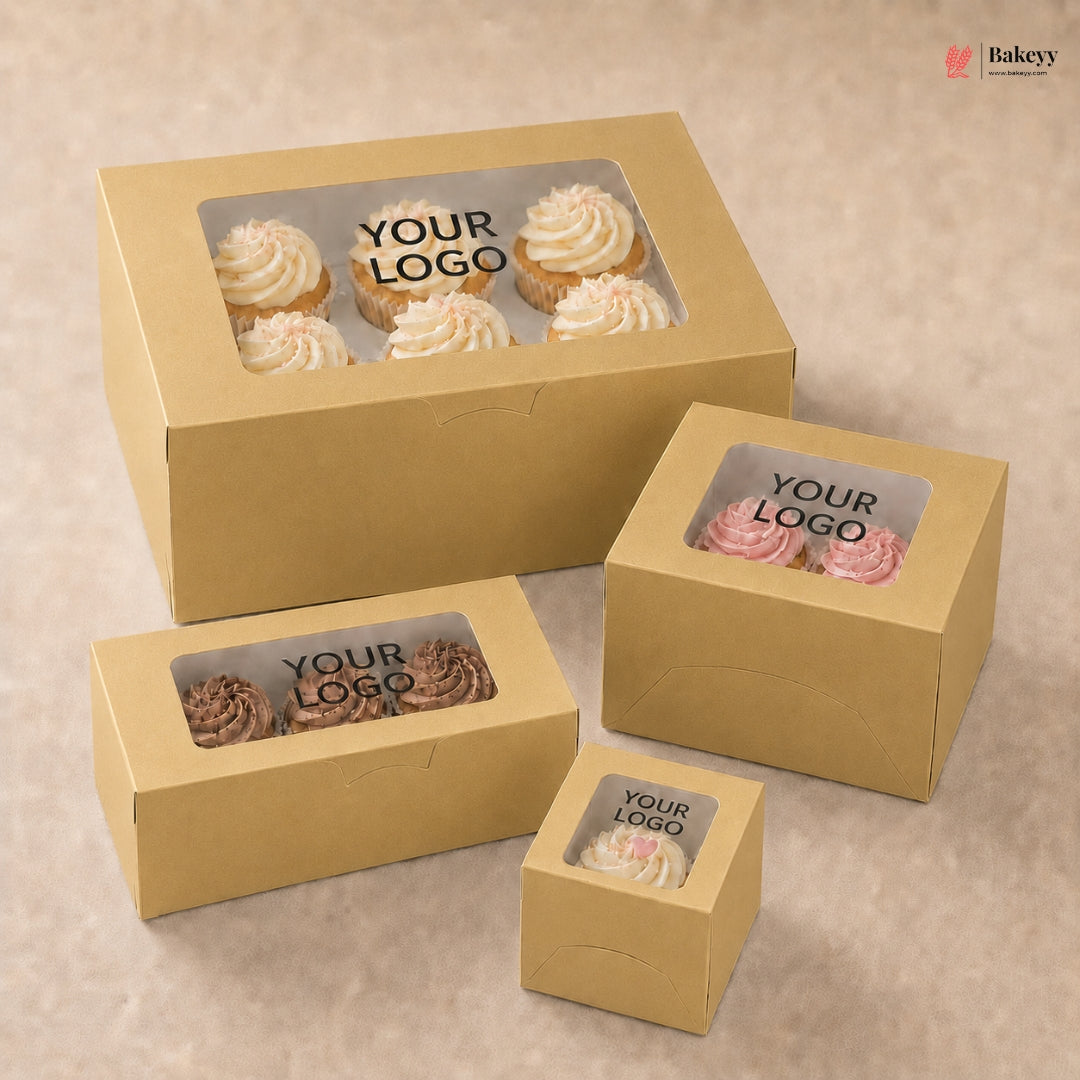 Set of customizable cardboard boxes with window for displaying small items on a beige background