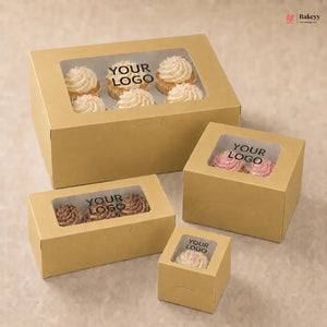 Set of customizable cardboard boxes with window for displaying small items on a beige background