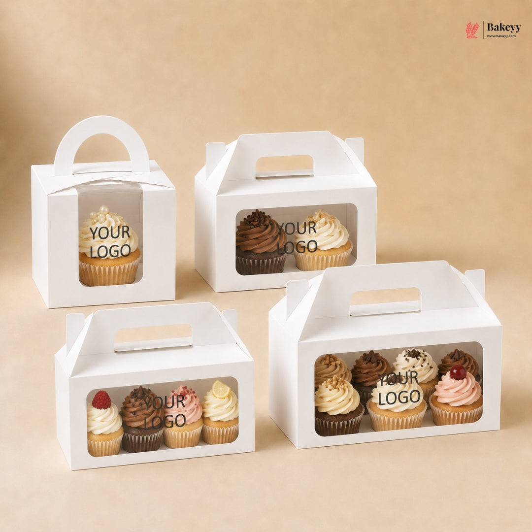 Custom Logo Print Cupcake Box | With Handle Cupcake Boxes | White Color | Pack of 250