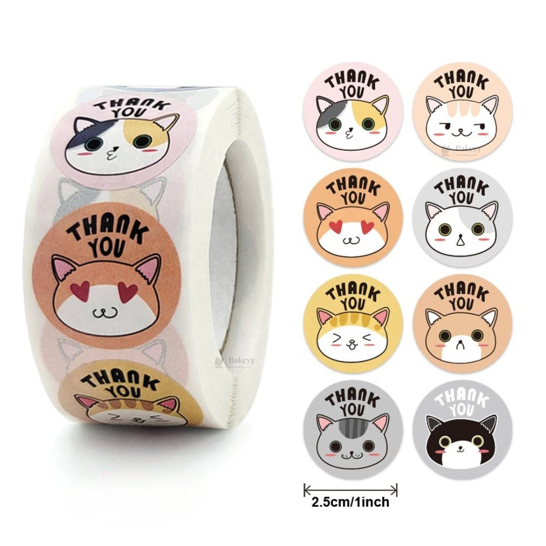 1 Inch Cute Cat Thank You Sticker Roll | 500 Stickers | Pack of 1