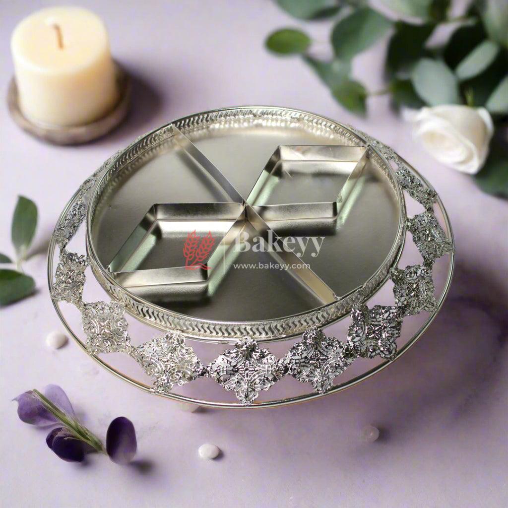 Luxurious Round Metal Serving Tray with Elegant Floral Design | Luxurious Silver-Plated Metal Dry Fruit Tray - Bakeyy.com - India - Luxurious Round Metal Serving Tray with Elegant Floral Design | Luxurious Silver-Plated Metal Dry Fruit Tray - Default Title