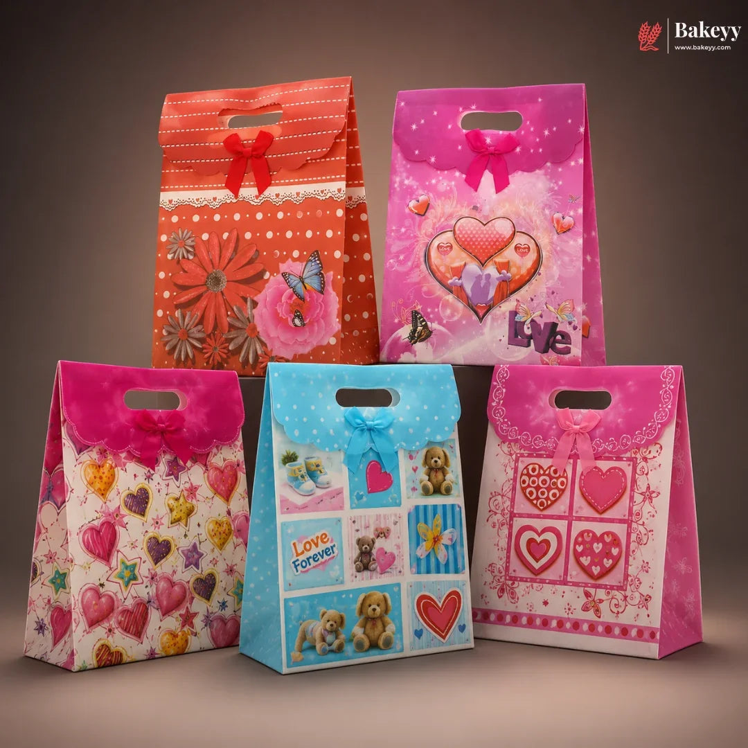 Five colorful gift bags with heart designs on a brown background