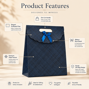 Blue gift bag with features highlighted on a beige background