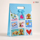 Gift bag with teddy bears, hearts, and photos on a light blue background