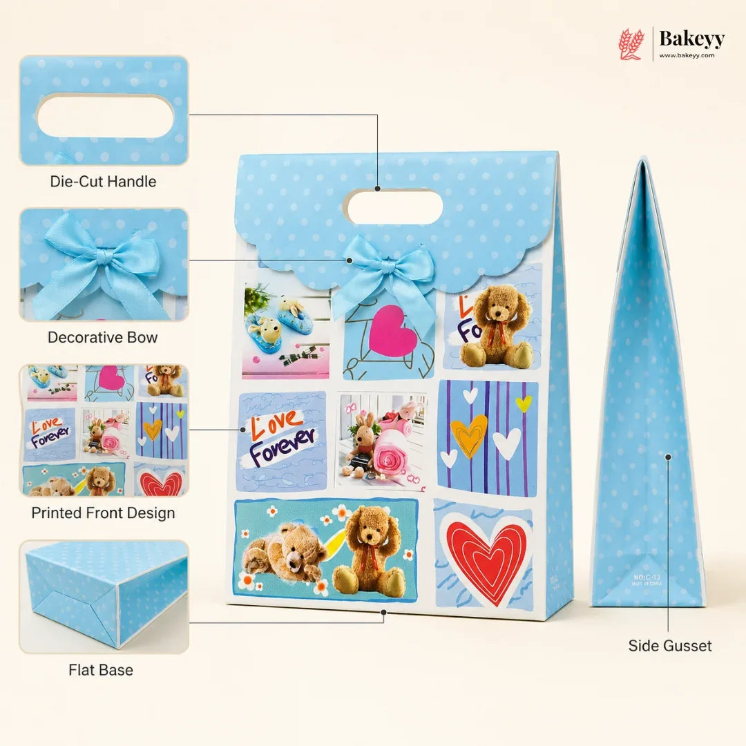 Blue gift bag with decorative elements and printed front design on a beige background, featuring the Bakey brand.
