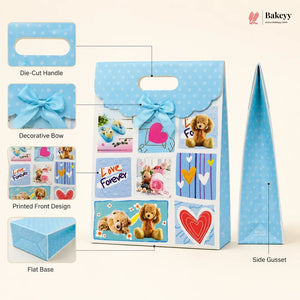 Blue gift bag with decorative elements and printed front design on a beige background, featuring the Bakey brand.