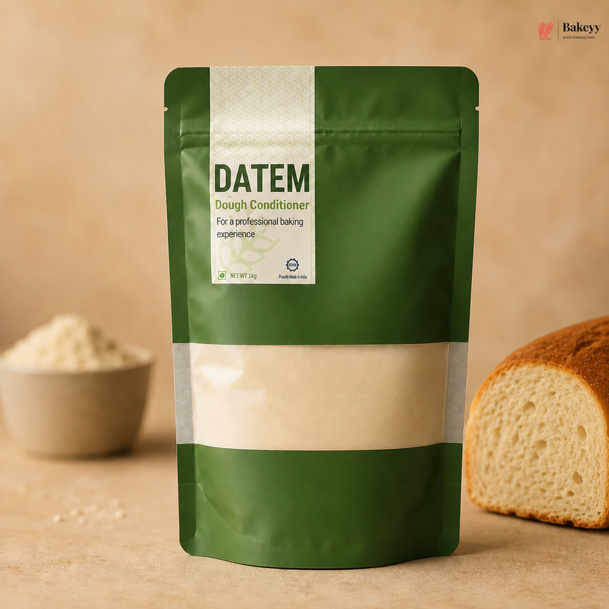 Green package of Datem Dough Conditioner with a background of flour and bread.
