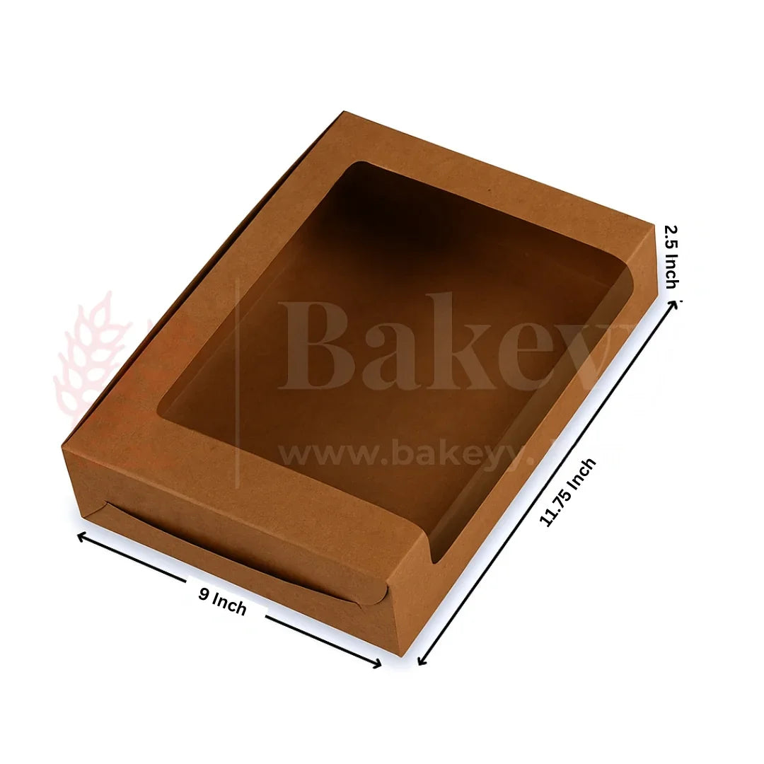 Brown dessert packaging box with clear window, 11.75 x 9 x 2.5 inches, Bakeyy baking supplies
