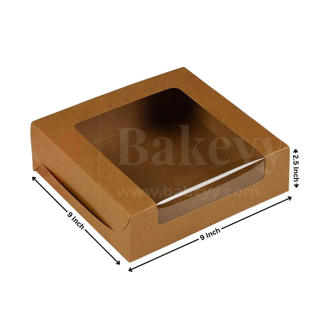 Kraft paper dessert box with clear window, 9x9x2.5 inch, ideal for bakery packaging from Bakeyy