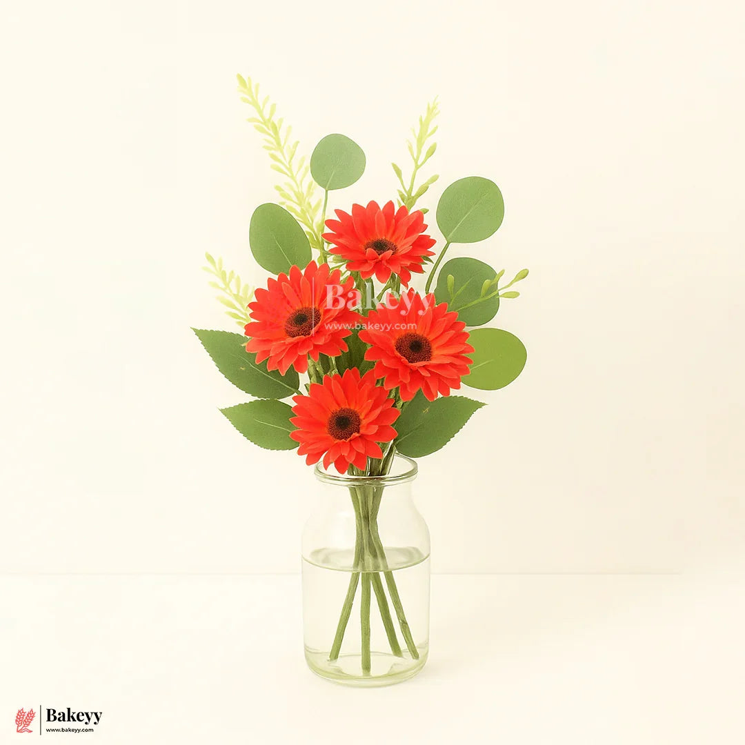 Artificial Gerbera Daisy Flower Bunch – 42cm | Reddish-Orange | Decorative Stick for Home & Events | Pack Of 1